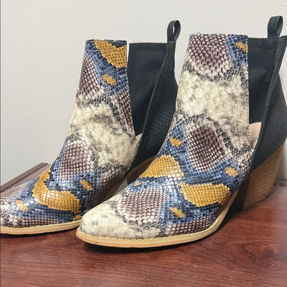Multicolor Snake-Print Chelsea Booties in Blue, Mustard & Brown